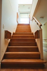 Escalera recta de rauli teñido con pasamanos